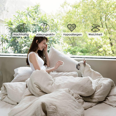 Lanqinglv Doppelte Musselin Bettwäsche 200x220 Baumwolle Leinen,ÖKO-TEX Bettwäsche Grau mit Reißverschluss,1 Bettbezug mit Reißverschluss und 2 Kissenbezug 80x80cm