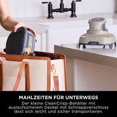 Ninja CRISPi tragbare Airfryer Heißluftfritteuse, 3,8 l, 4-in-1: Heißluftfrittieren, Braten, Warmhalten, Recrisp, kompakt, 6 Portionen, 2x herausnehmbare Glasbehälter & Deckel, 1700 W, Stein FN101EUST