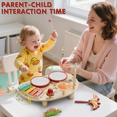 Lehoo Castle Holz Montessori Kinder Schlagzeugset Spielzeug ab 2 3 Jahre, Musikinstrumente für Kinder mit Xylophon Trommel, Musikspielzeug für Babys im Vorschulalter, Lernspielzeug Geschenk
