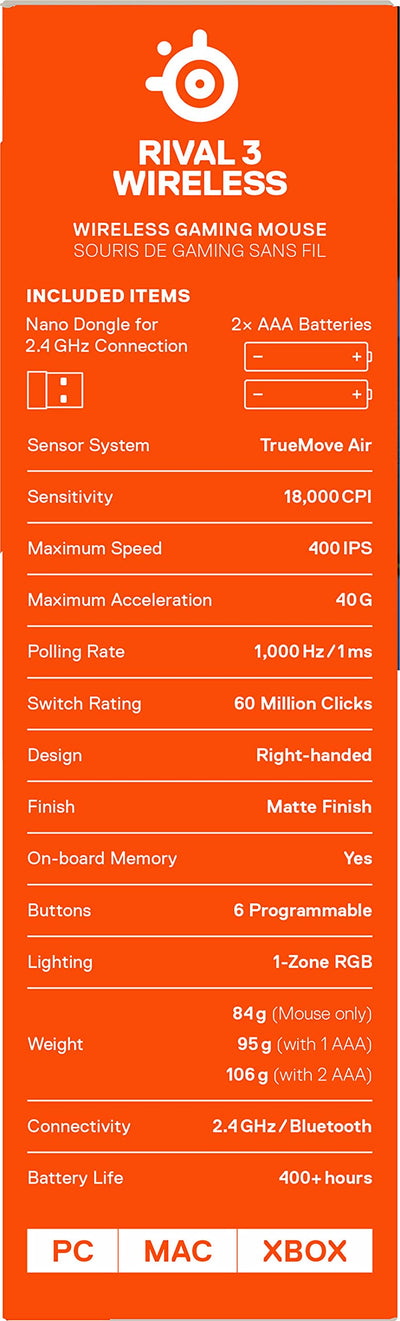 SteelSeries Rival 3 Wireless - Wireless Gaming-Maus - Über 400 Stunden Akkulaufzeit - Dual Wireless 2.4 GHz und Bluetooth 5.0 - 60 Millionen Klicks, Schwarz