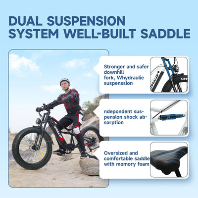 Lohang Elektrofahrrad für Erwachsene, 26-Zoll-Offroad-Reifen, 52V19Ah-Akku, Reichweite 45–90 km, Doppelstoßdämpfer, Doppelhydraulik-Scheibenbremsen, 7 Gänge, Unisex-Elektrofahrrad