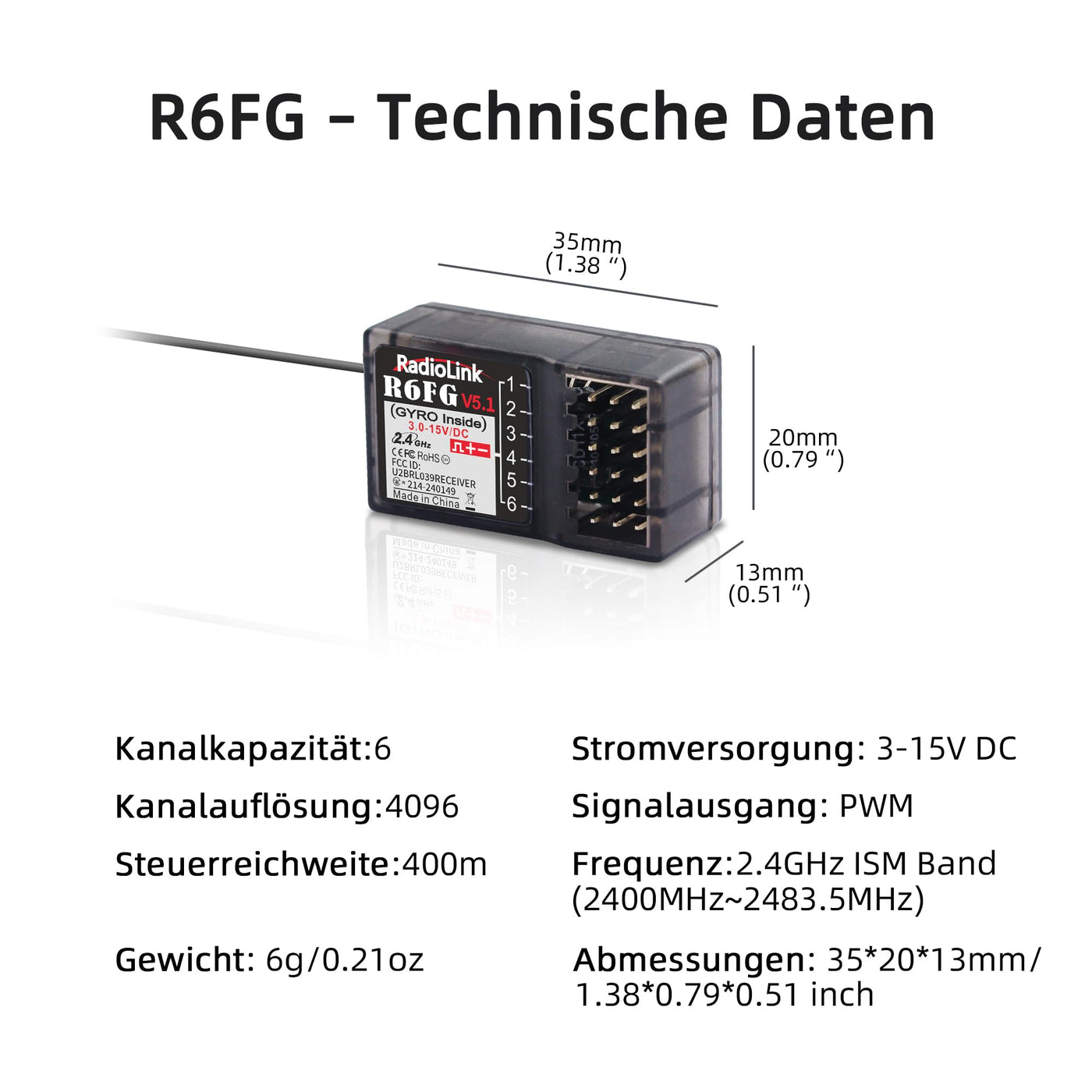 Radiolink R6FG RC Empfänger 2.4 Ghz Gyro-integriert 6 Kanäle große Reichweite bis zu 400m für Autos Boote kompatibel mit RC8X/RC6GS V3/RC4GS V3/T8FB/T8S/T16D/T12D