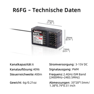 Radiolink R6FG RC Empfänger 2.4 Ghz Gyro-integriert 6 Kanäle große Reichweite bis zu 400m für Autos Boote kompatibel mit RC8X/RC6GS V3/RC4GS V3/T8FB/T8S/T16D/T12D