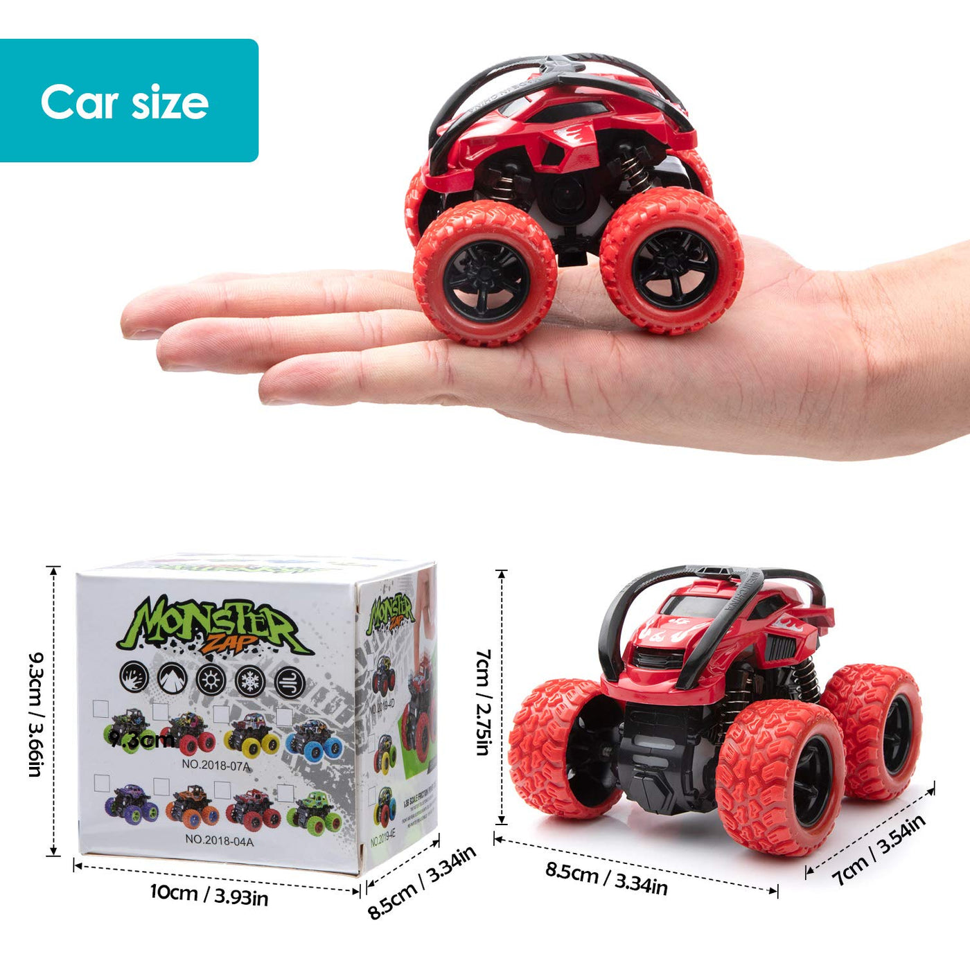 Monster Trucks Spielzeug 4 Stück Reibungsbetriebene Rennwagen LKW Zurückziehen 360 Grad Rotierendes Geländewagen Spielzeugauto für Geschenk 3 4 5 6 7 8 Jahre Jungen Mädchen (A)
