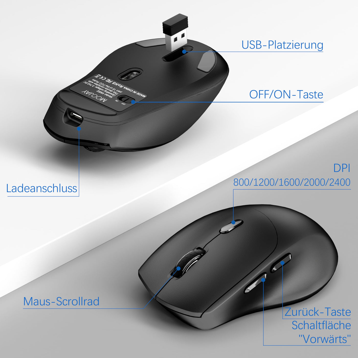 Kabelloses Ergonomisches Tastatur und Maus Set, Moojay 2,4G Wiederaufladbares Quiet Wave Tastatur und Maus Set in Voller Größe mit Handballenauflage und Telefonhalter für Laptop/PC/Mac/Windows–Schwarz