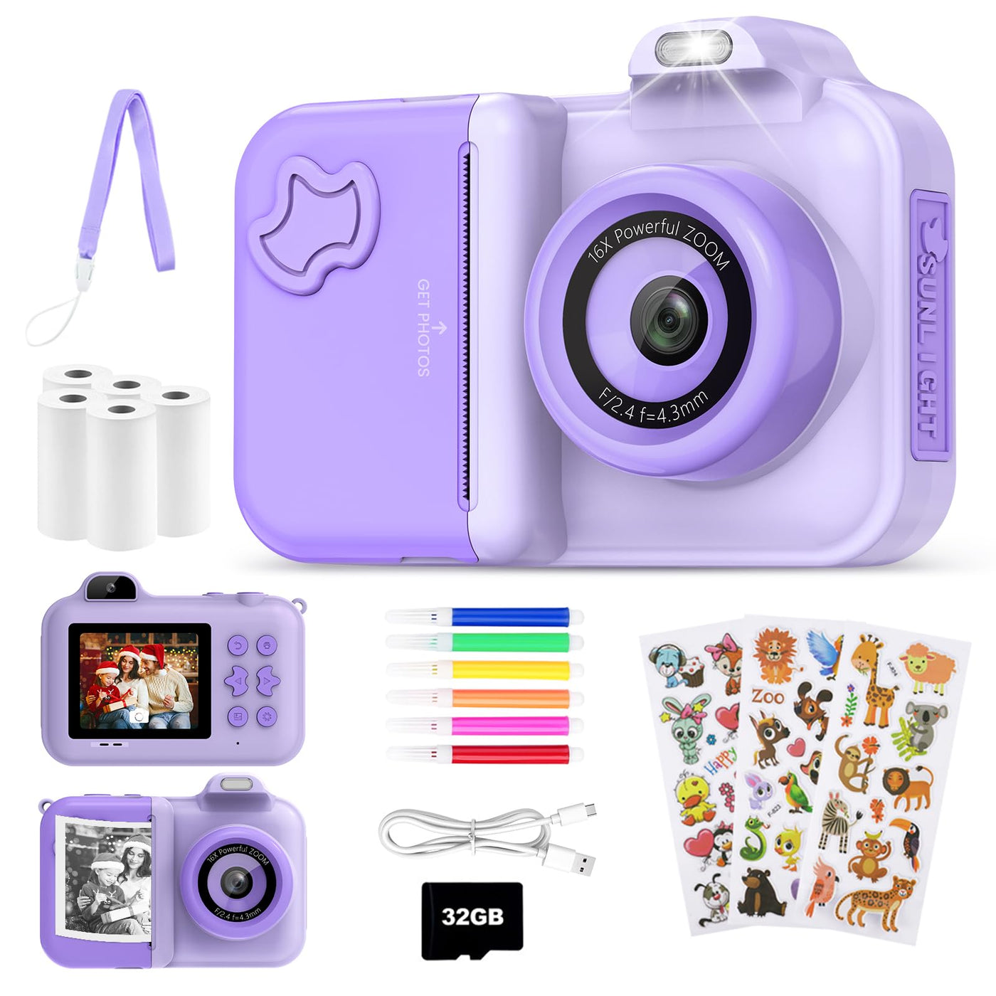 JoJoego Kinderkamera Sofortbildkamera, 2,4-Zoll 24MP Kinder Digitalkamera mit Selfie,1080P HD Dual-Kamera, 32GB Speicherkarte, 5 Rollen Druckerpapier, Geschenk für Kinder von 3-12 Jahren, Lila
