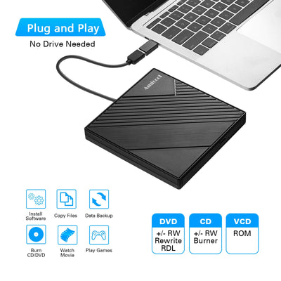Amicool Externes DVD Laufwerk Extern USB 3.0 USB C CD Laufwerk für Laptop Desktop PC MacBook Externer DVD Brenner Windows 7/8.1/10/11 Linux Mac OS CD/DVD Player Tragbar +/-RW ROM Optisches Drive