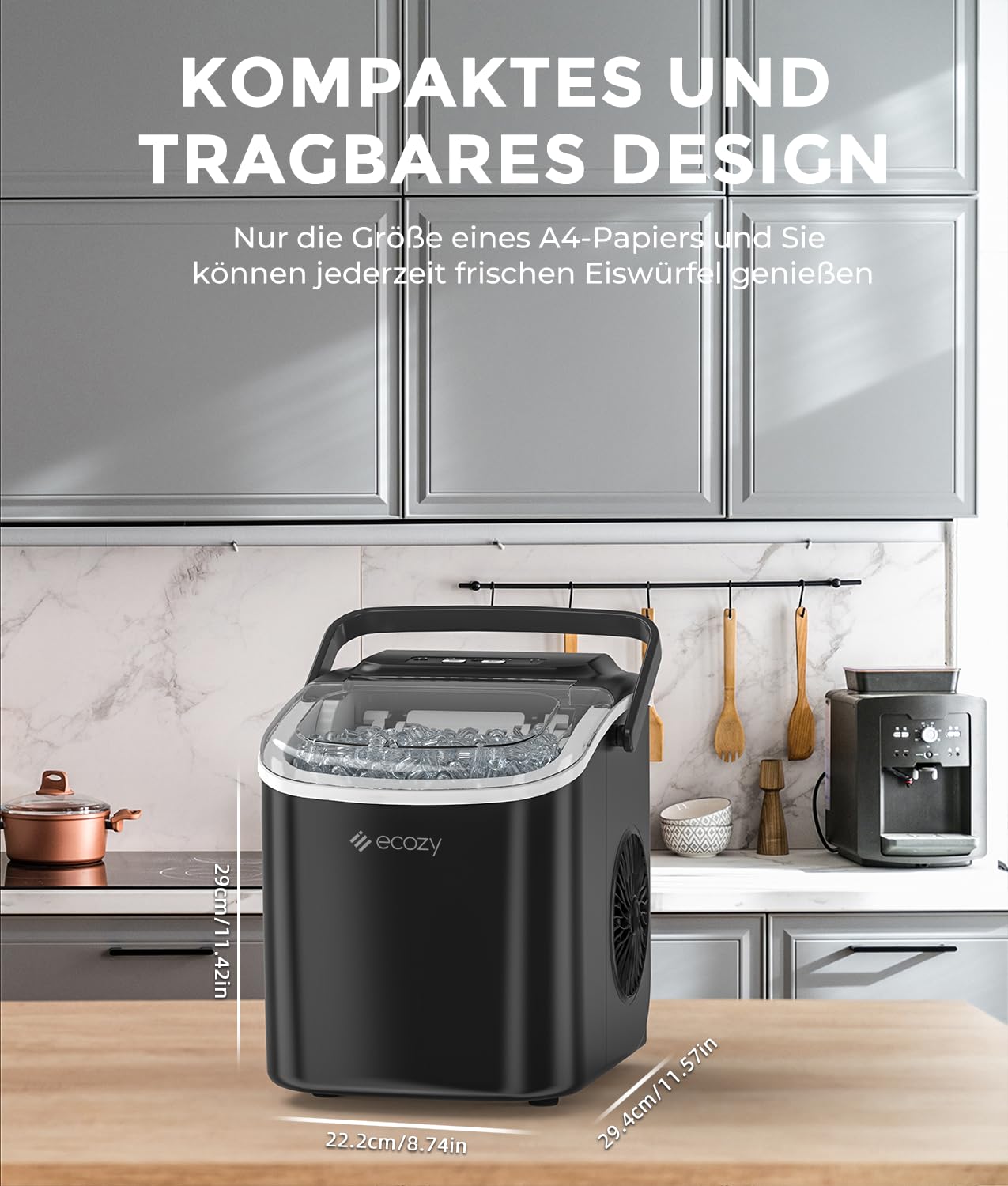 ecozy Eiswürfelmaschine, Eiswürfelmaschine Klein, Selbstreinigende Eiswürfelmaschinen, 2 Eiswürfel Größen Ice Cube Maker, 9 Würfel in 6 Minuten Fertig, 12 KG/24H Eiswürfelbereiter für Zuhause, Party