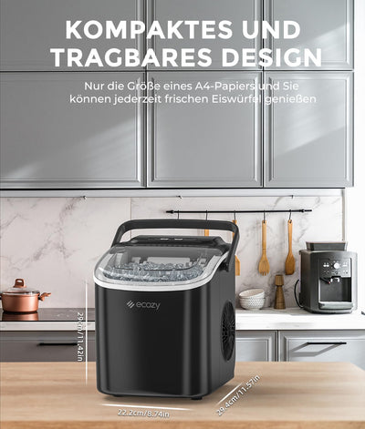 ecozy Eiswürfelmaschine, Eiswürfelmaschine Klein, Selbstreinigende Eiswürfelmaschinen, 2 Eiswürfel Größen Ice Cube Maker, 9 Würfel in 6 Minuten Fertig, 12 KG/24H Eiswürfelbereiter für Zuhause, Party