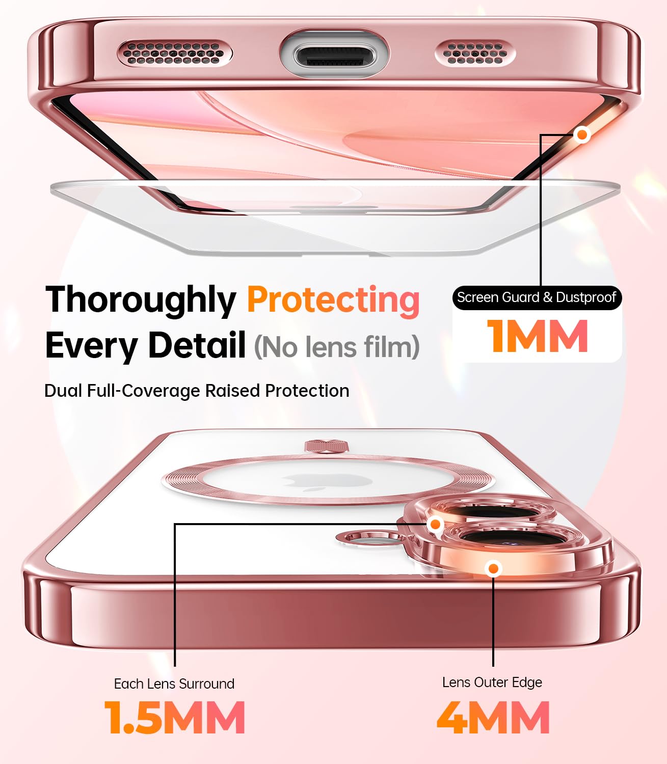 Meifigno Hülle Entwickelt für iPhone 16 Plus, [Kompatibel mit MagSafe][2 Displayschutzfolien] [Glitzerkarte & Handschlaufe] Vollständiger Kameraschutz Entwickelt für 6.7 Zoll Handyhülle, Roségold