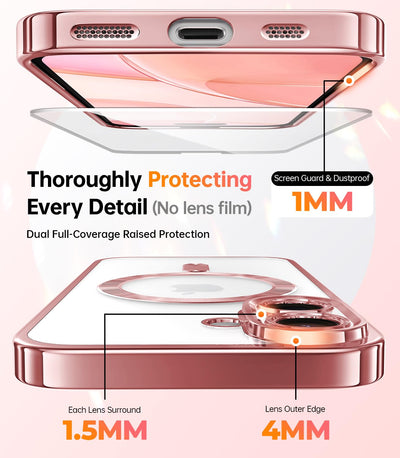 Meifigno Hülle Entwickelt für iPhone 16 Plus, [Kompatibel mit MagSafe][2 Displayschutzfolien] [Glitzerkarte & Handschlaufe] Vollständiger Kameraschutz Entwickelt für 6.7 Zoll Handyhülle, Roségold