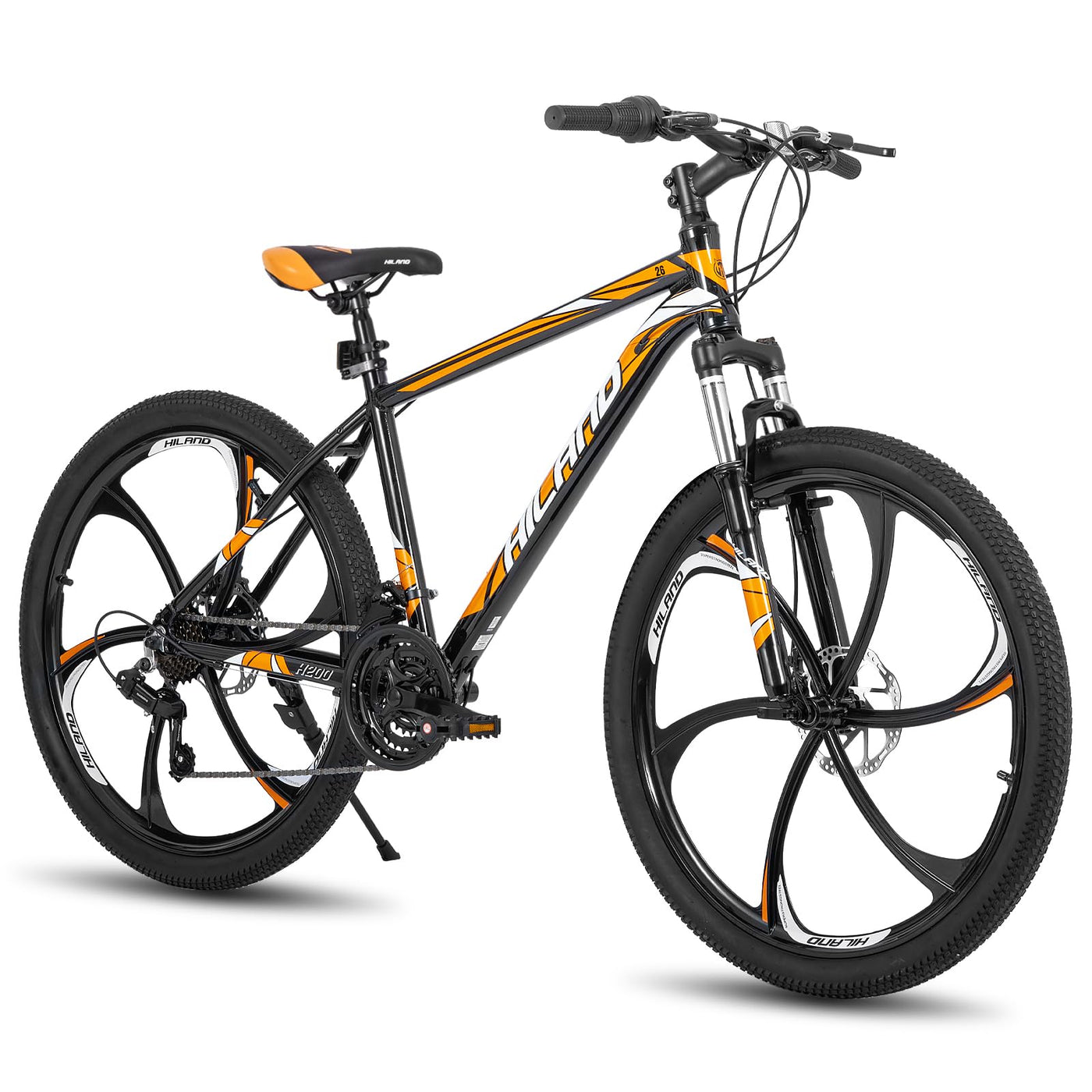 Hiland Mountainbike, 6 Speichen, 21 Gänge Schaltung, Aluminium Rahmen 26 Zoll Räder, Scheibenbremse Fahrrad für Männer Frauen Herren MTB-Fahrrad, Orange