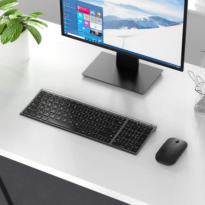 seenda Tastatur Maus Set Kabellos, Wiederaufladbare Kleine Funktastatur mit Maus, Leise Tastatur mit Aluminiumgehäuse für PC/Laptop/Smart TV, QWERTZ Layout, Grau