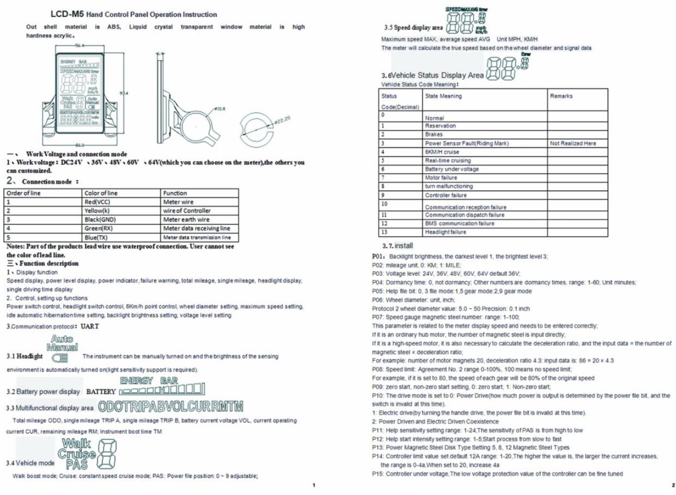 BuyWeek Elektrofahrrad Bürstenloser Motor Controller Kit, 36V 48V 60V 1000W 38A 3 Modus Sinuswellen Controller M5 LCD Anzeigefeld Kit für E-Bike Elektroroller