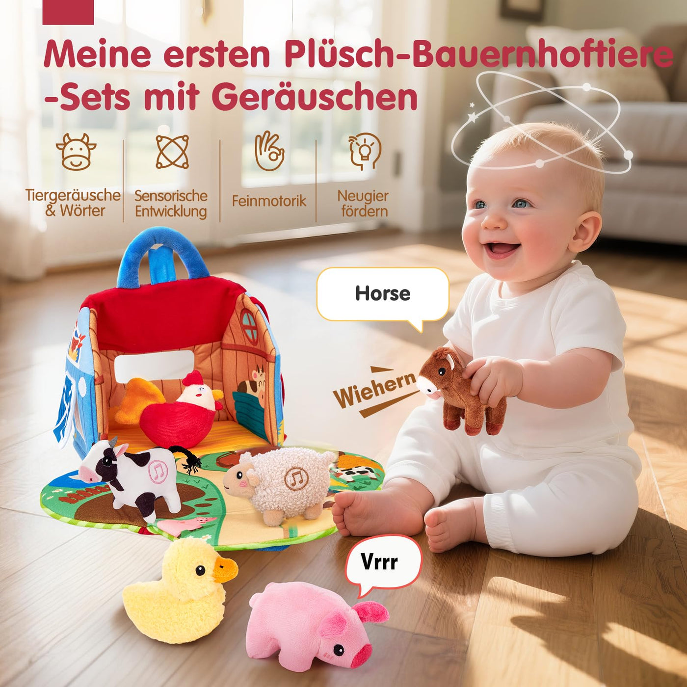 hahaland Bauernhof Baby Spielzeug 6 Monate mit 2-in-1 Scheunen & Spielmatten,7 Sensorik Plüschtiere Set– Macht Tiergeräusche & Spricht Englische Tiernamen,Montessori Baby Geschenk ab 6 7 8 9 10 Monate