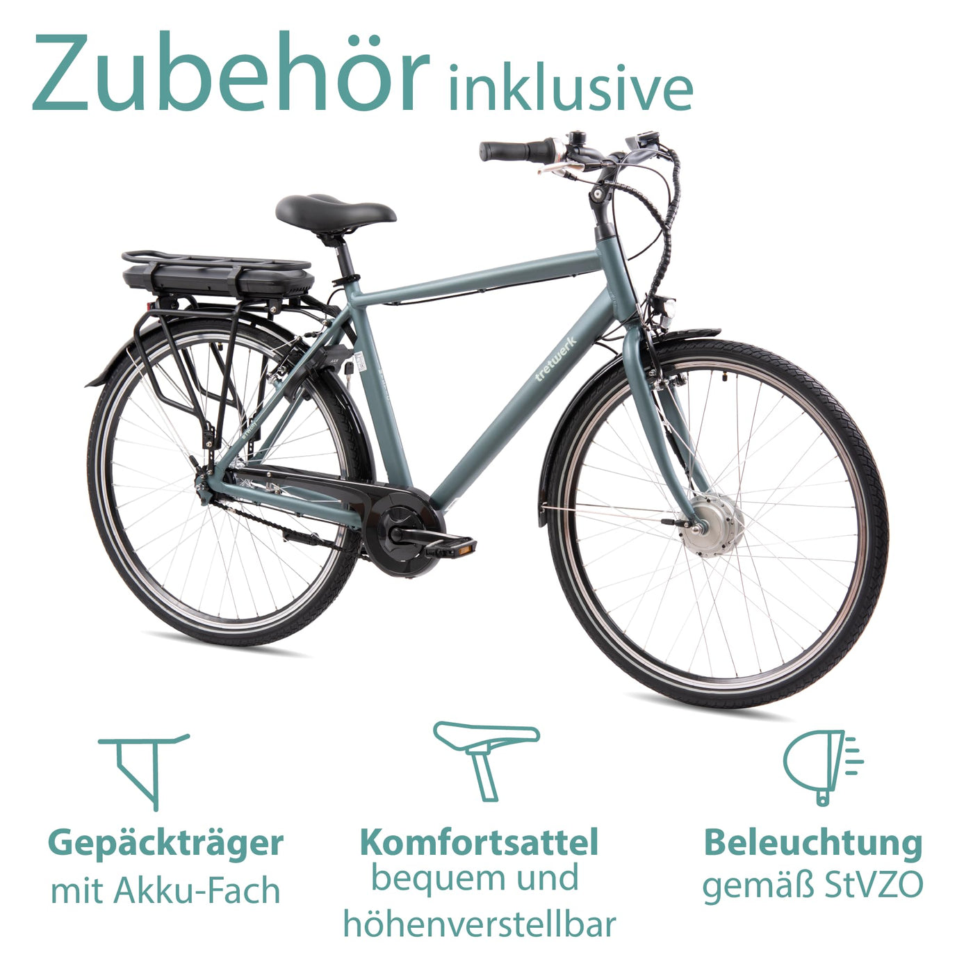 TRETWERK - 28 Zoll E-Bike Herren Pedelec - Mystic grau - E-Citybike Herrenfahrrad mit 7 Gang Shimano Nexus Nabenschaltung - Elektrofahrrad mit Frontmotor 250W, 36V