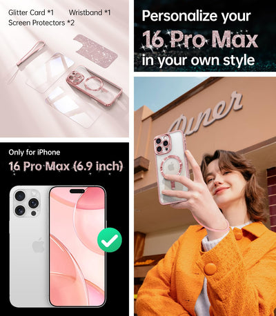 Meifigno Hülle Entwickelt für iPhone 16 Pro Max, [Kompatibel mit MagSafe][2 Displayschutzfolien] [Glitzerkarte & Handschlaufe] Vollständiger Kameraschutz Entwickelt für 6.9 Zoll Handyhülle, Roségold