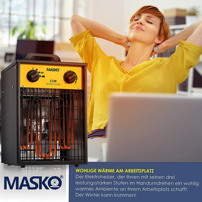 Masko® Elektroheizer Heizlüfter Bauheizer 3 KW mit integriertem Thermostat elektrisch Heizgerät 3000 Watt 3 Heizstufen Heizgebläse für Innen- und Außeneinsatz Überlastschutz Elektroheizgebläse Gelb