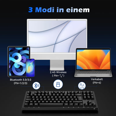 TECURS Gaming Tastatur - Mechanische Tastatur Kabellos Programmierbare 80% TKL QWERTZ mit Rote Schalter, RGB-Beleuchtung, Multimedia-Tasten, Mechanical Keyboard für PC/Mac/PS4/PS5, Schwarz