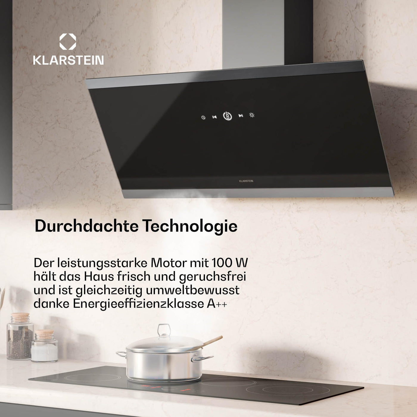 Klarstein FlashLine Dunstabzugshaube – 90 cm Kopffreihaube, Touchscreen, 524 m³/h, A++ Energieeffizienz, LED-Beleuchtung, 34,5 dB, Schwarz, Abluft- und Umluftbetrieb