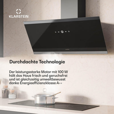 Klarstein FlashLine Dunstabzugshaube – 90 cm Kopffreihaube, Touchscreen, 524 m³/h, A++ Energieeffizienz, LED-Beleuchtung, 34,5 dB, Schwarz, Abluft- und Umluftbetrieb