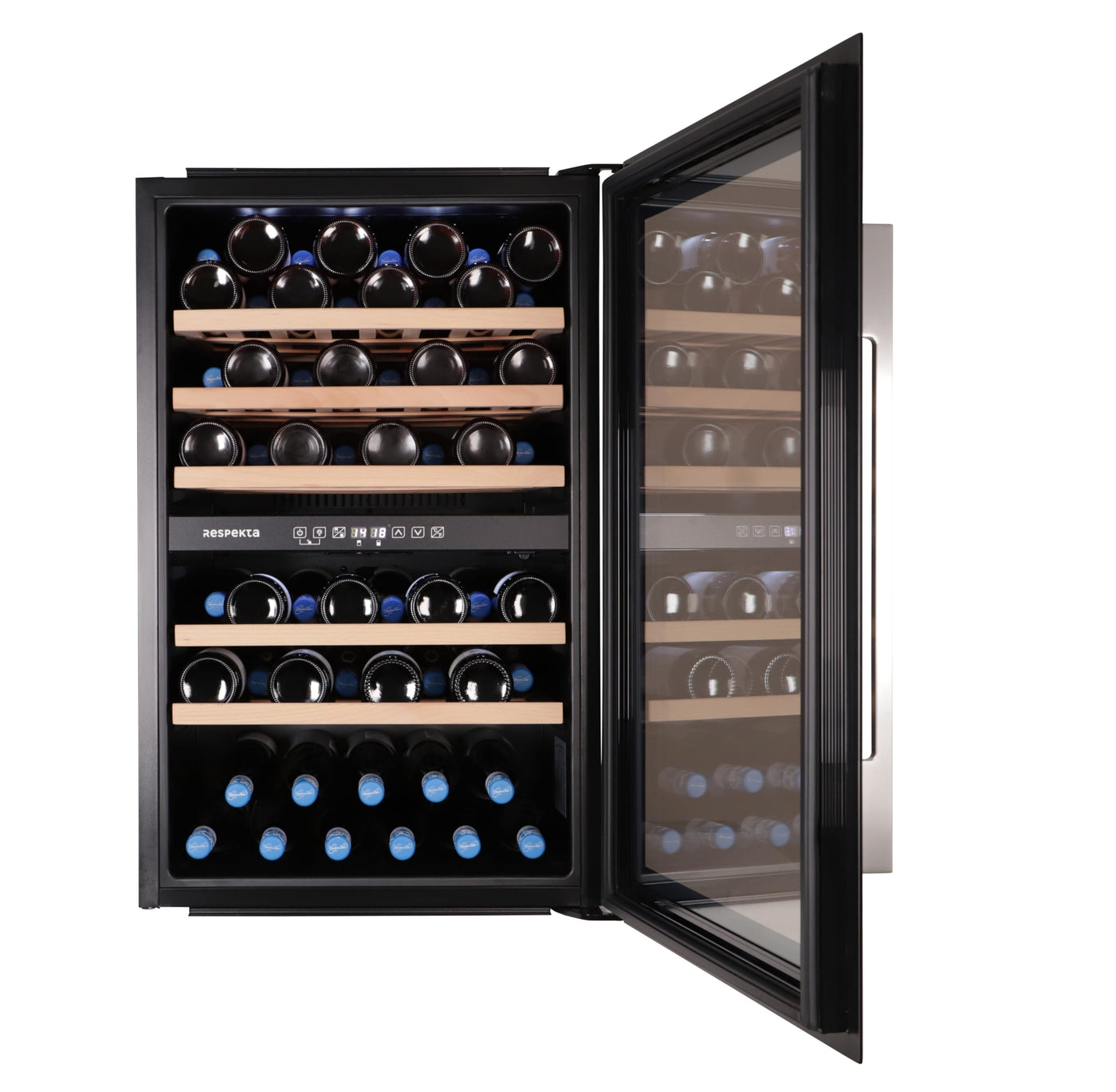 Respekta Einbau-Weinkühlschrank für 57 Standardflaschen / 143 L Nutzinhalt / 2 Temperaturzonen, je 5°-22°C/Touch Control/LED Leuchte/Wechselbarer Türanschlag/Max. 38 dB/WKSE 57-19