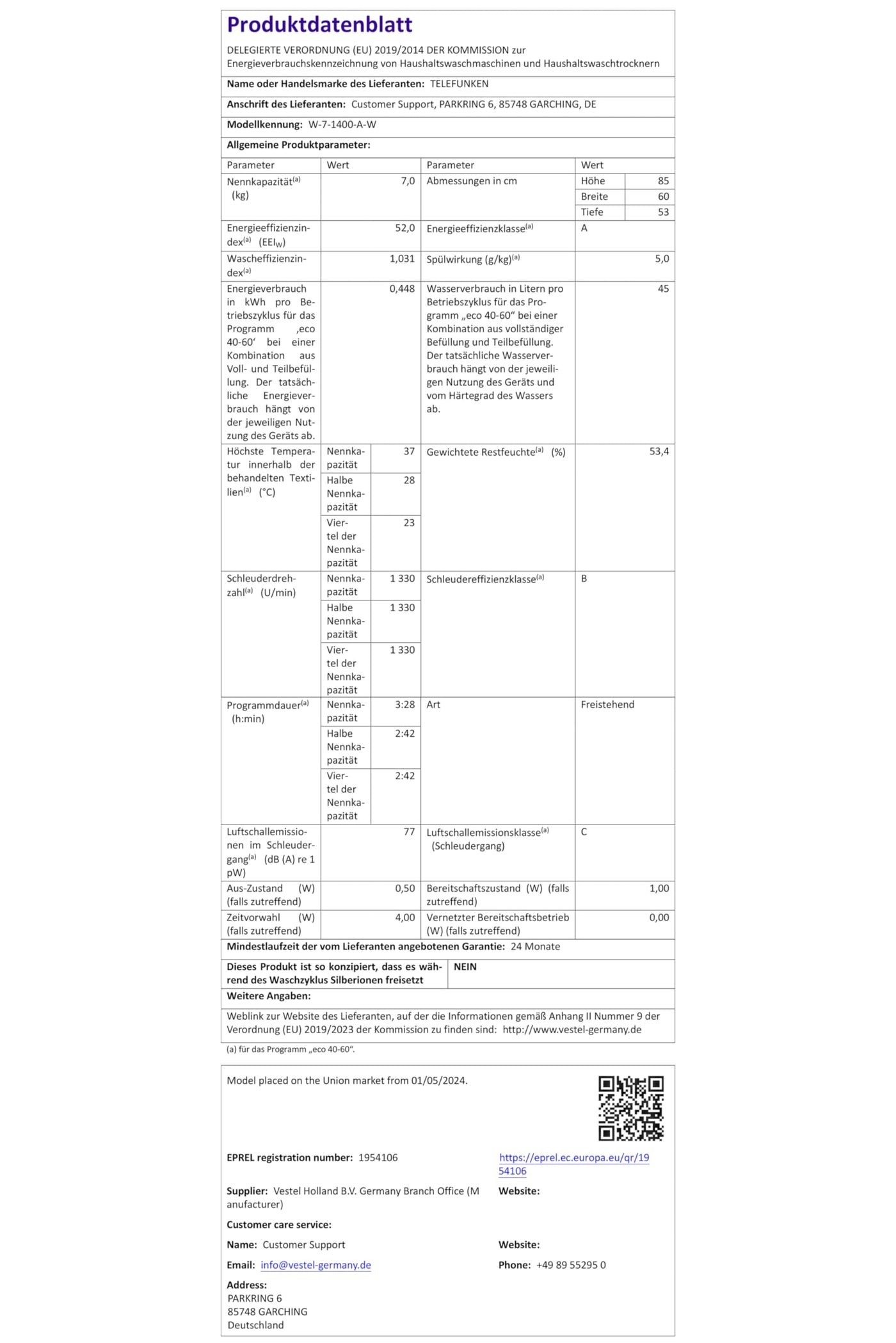 Telefunken Waschmaschine 7kg | 1400 U/Min. | Inverter Motor - Leise & Effizient | Aquastop - Schutz vor Wasserschäden | Schontrommel | Washing Machine mit 15 Programmen | EEK A | W-7-1400-A-W weiß