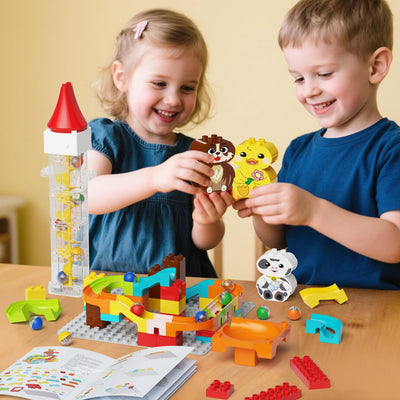 burgkidz Murmelbahn Bauklötze, Motorisierter Aufzug Kugelbahnen mit Niedlichem Tier Konstruktionsspielzeug, 4-in-1 Konfiguration Murmellabyrinth Set, Geschenk für Kinder von 3-7 Jahren, 92 teiliges