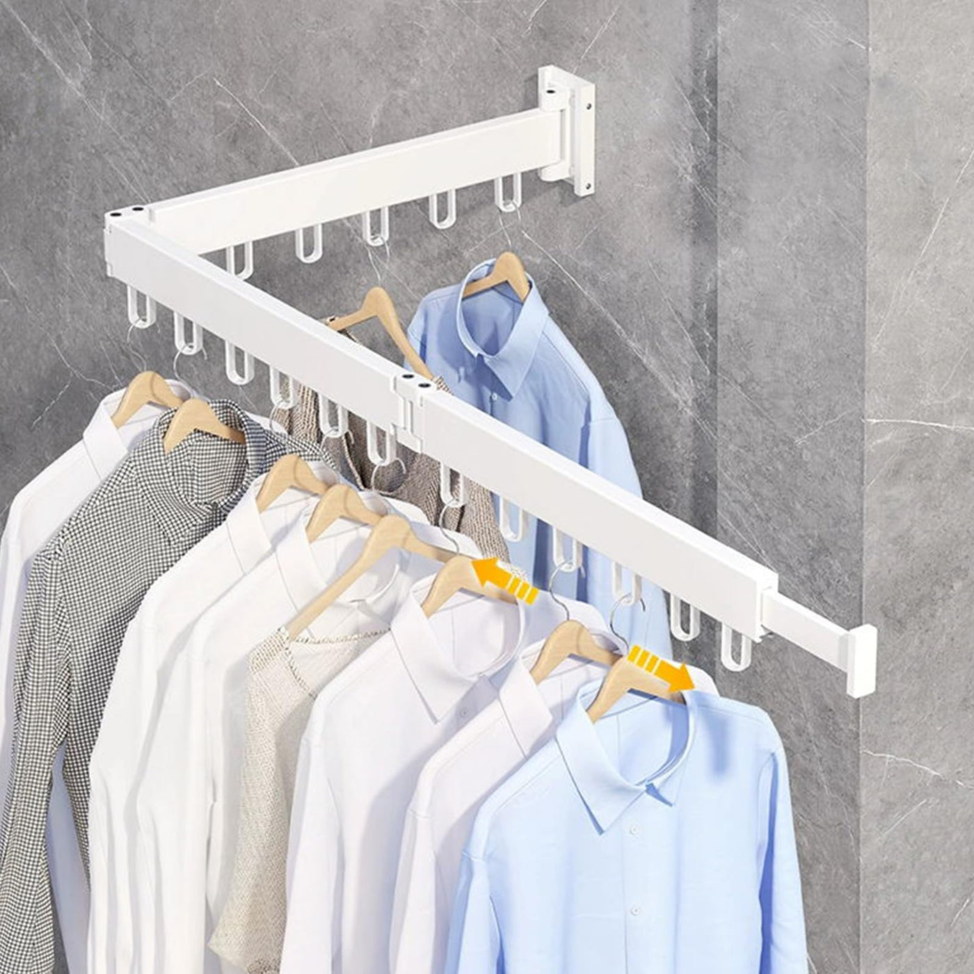 SWAWIS Wäscheständer Wandmontage Kleiderstange 120cm Ausziehbar Klappbar Wäscheständer Kleiderstange Wand mit 18 Haken für Balkon, Wäsche, Badezimmer, Schlafzimmer, DREI Falten, Weiß