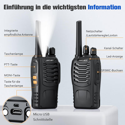 JUCJET 88E Walkie Talkie,Lizenzfrei PMR446 16 Kanäle Funkgeräte,2W Funkempfang 16 Kanäle 3-5 Meile Reichweite Sprechfunkgerä,Mit USB-Ladestation und Headset, (Schwarz, 4 Stück)