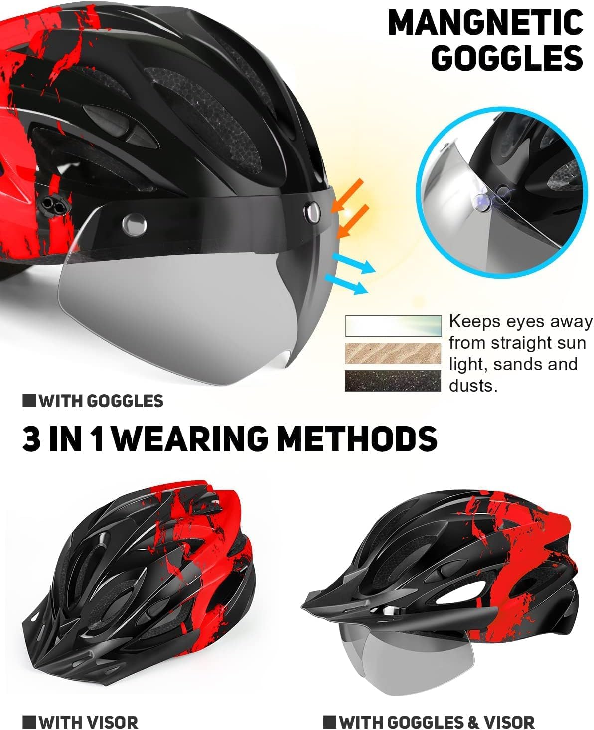 RaMokey Fahrradhelm Erwachsene mit Licht,Radhelm, Cityhelm Urban Fahrradhelm für Herren Damen mit Abnehmbarer Magnetische Schutzbrille Visier, Fahrrad Helm mit 18 Belüftungskanäle57-62cm (Red)