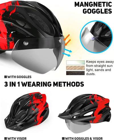 RaMokey Fahrradhelm Erwachsene mit Licht,Radhelm, Cityhelm Urban Fahrradhelm für Herren Damen mit Abnehmbarer Magnetische Schutzbrille Visier, Fahrrad Helm mit 18 Belüftungskanäle57-62cm (Red)