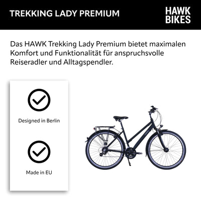 HAWK Trekking Lady Premium Fahrrad Damen 48 cm I Bike mit Microshift 24 Gang Kettenschaltung, Felgenbremse & LED Beleuchtung I Allrounder I Schwarz