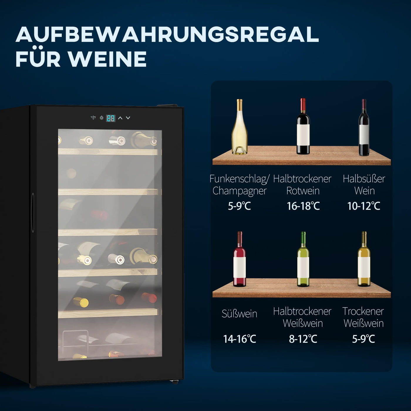 HOMCOM Weinkühlschrank, 65 L Getränkekühlschrank für 24 Flaschen, Weinklimaschrank, Flaschenkühlschrank mit Innenbeleuchtung, Touch, 5-20°C, Schwarz