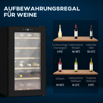 HOMCOM Weinkühlschrank, 65 L Getränkekühlschrank für 24 Flaschen, Weinklimaschrank, Flaschenkühlschrank mit Innenbeleuchtung, Touch, 5-20°C, Schwarz