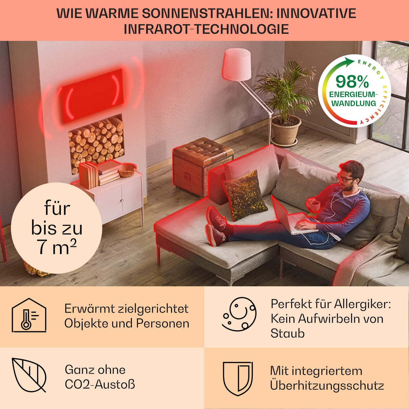 Klarstein Air Infrarotheizung, Infrarot Heizung mit Fernbedienung, Erkennung Offener Fenster, Infrarotheizung mit Thermostat, Sparsame Heizung zur Wandmontage, CO2-Freie Elektroheizung 360 Watt