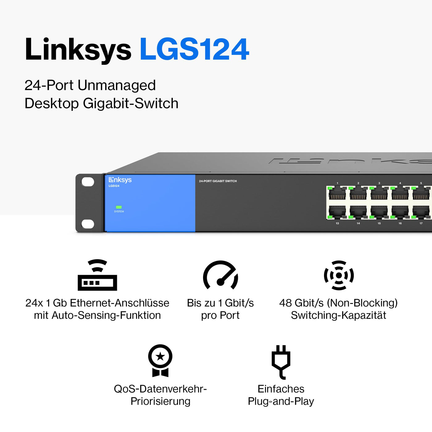 Linksys LGS124-EU 24-Port Unmanaged Gigabit-Netzwerk-Switch – Ethernet-Switch/Hub mit Metallgehäuse, Splitter – Platzierung an der Wand oder auf dem Schreibtisch im Büro oder zu Hause, Plug-and-Play