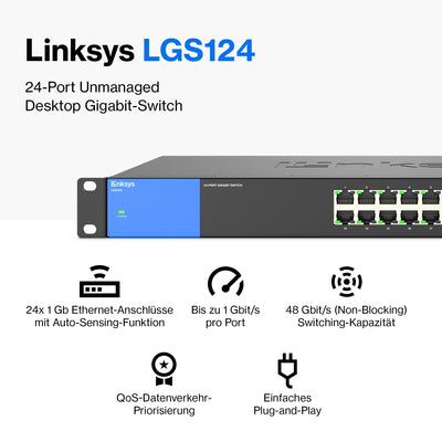 Linksys LGS124-EU 24-Port Unmanaged Gigabit-Netzwerk-Switch – Ethernet-Switch/Hub mit Metallgehäuse, Splitter – Platzierung an der Wand oder auf dem Schreibtisch im Büro oder zu Hause, Plug-and-Play
