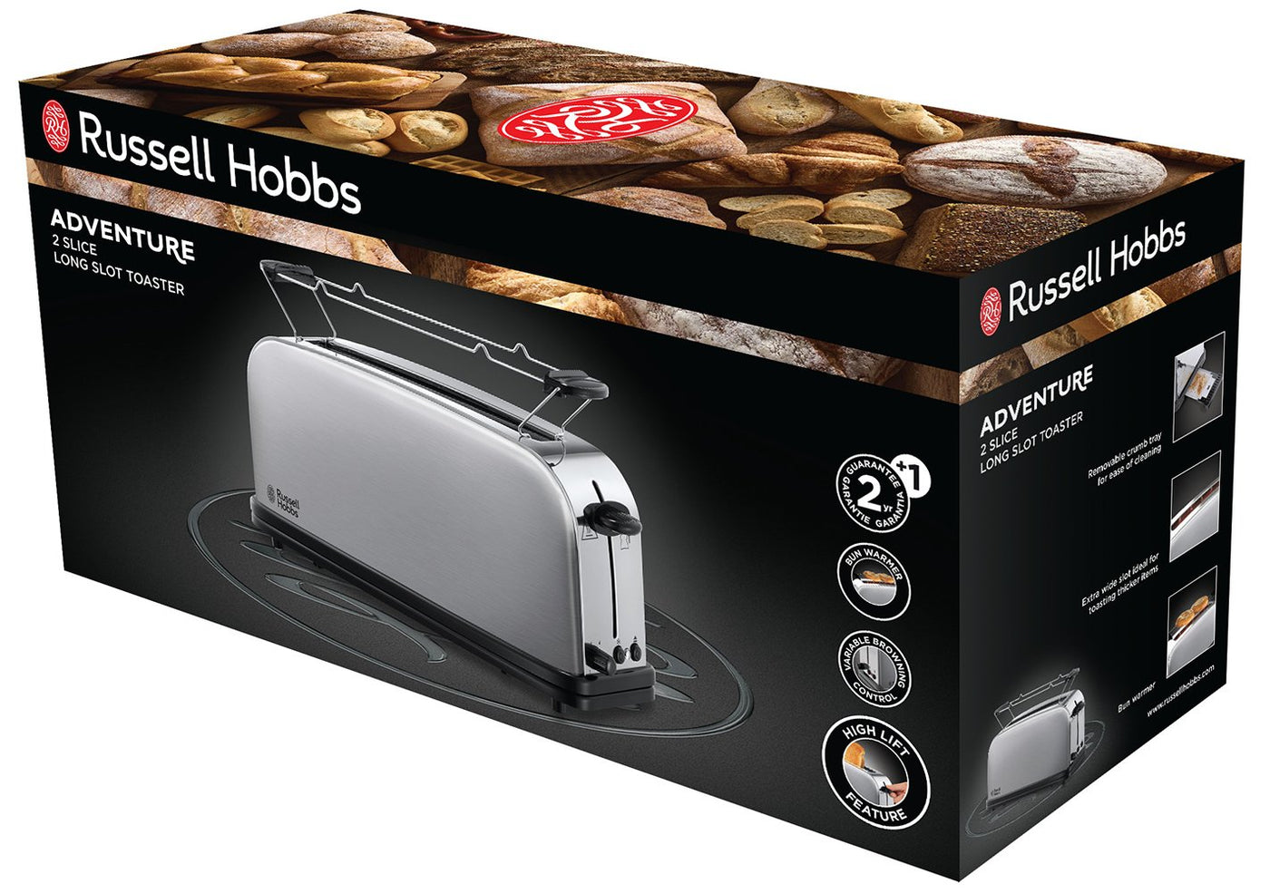 Russell Hobbs Toaster [Langschlitz für 2 Scheiben / 1 breite Brotscheibe] Adventure Edelstahl (extra breiter Toastschlitz, inkl. Brötchenaufsatz, 6 Bräunungsstufen + Auftaufunktion, 1000W) 21396-56