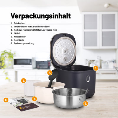 Lauben Low Sugar Reiskocher Rice Cooker mit Low-Sugar-Funktion, 3l Volumen, 6 modi, verzögerter Start, Warmhalten, Antihaft-Keramikoberfläche spülmaschinengeeignet, Kochbuch, Überlaufschutz (Antracit)