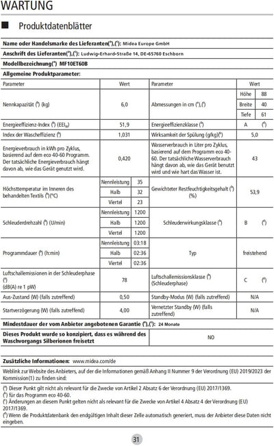 Midea Toplader Waschmaschine MF10ET60B / 6KG / A / 1200 U/min/BLDC Inverter Mortor/Dampffunktion/SoftOpener/XL Türöffnung/Kurz 15'&45' / Mehrere Temperaturoptionen/AquaStop, Weiß