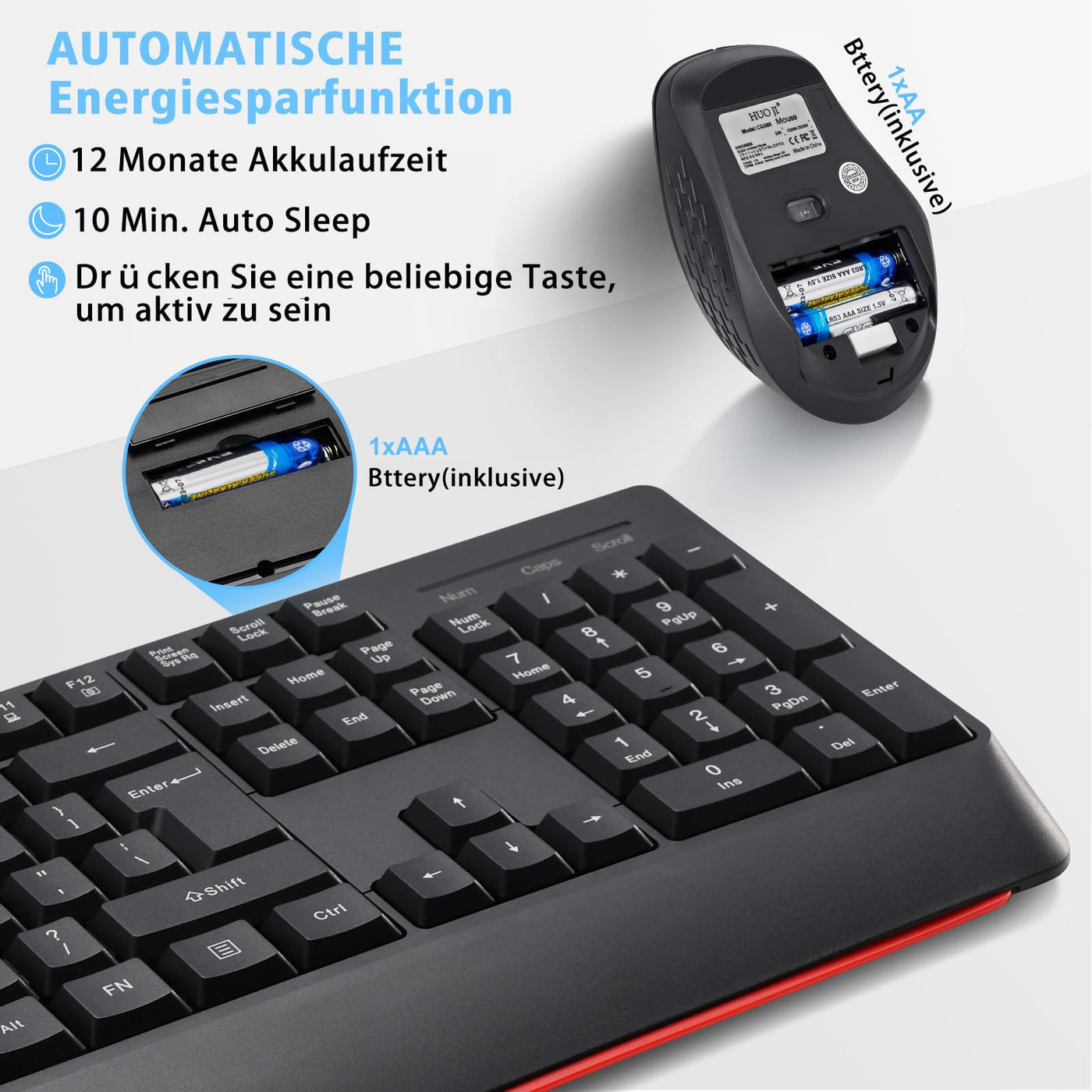 Kabellose Tastatur- und Maus-Kombination,QWERTY ergonomische 2,4-G-Computertastatur in voller Größe mit Handgelenkauflage und 3-stufiger DPI-Einstellbarer kabelloser Maus