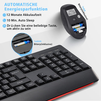 Kabellose Tastatur- und Maus-Kombination,QWERTY ergonomische 2,4-G-Computertastatur in voller Größe mit Handgelenkauflage und 3-stufiger DPI-Einstellbarer kabelloser Maus