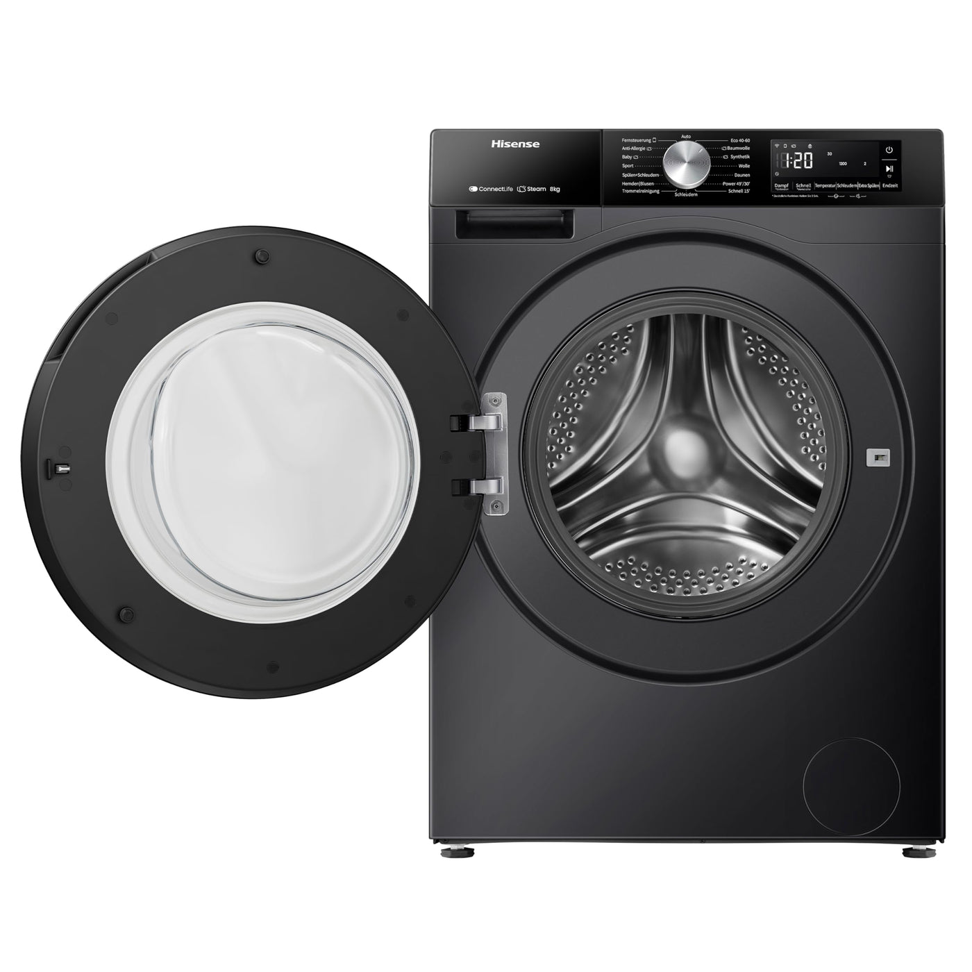 Hisense WF3S8043BB3 Waschmachine mit Dampffunkunktion, 8 kg, 1400 U,min, WIFI, ConnectLife, Power JetWash, Anti-Allergie Programm, Aqua Stop, Auto Wash, Quick Wash, EEK A-30 Prozent