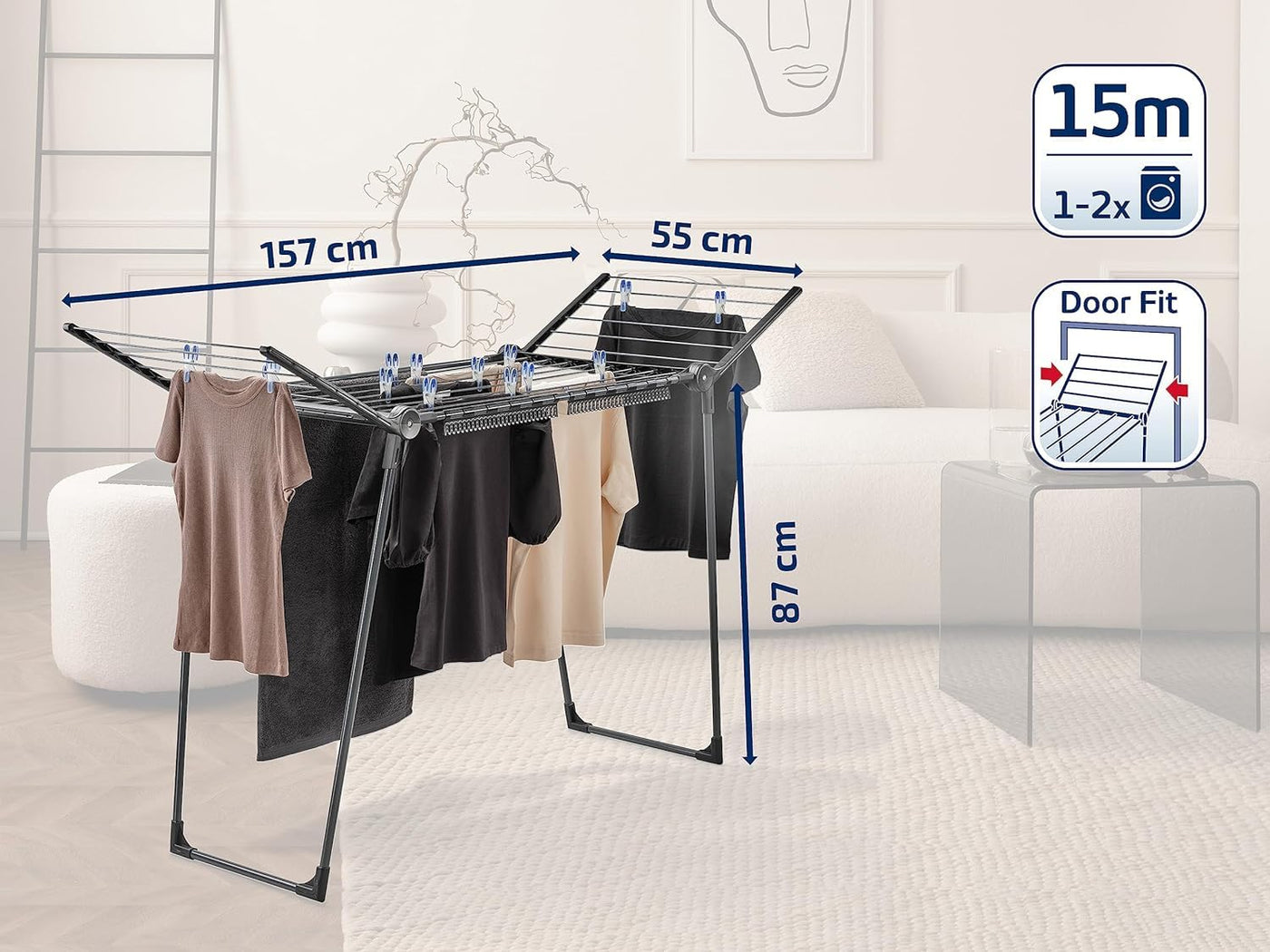 Leifheit Standtrockner Pegasus 150 Solid Black Edition, standfester Wäscheständer mit Flügeln auch für lange Kleidungsstücke, besonders schmaler Flügelwäschetrockner passt auch durch enge Türen