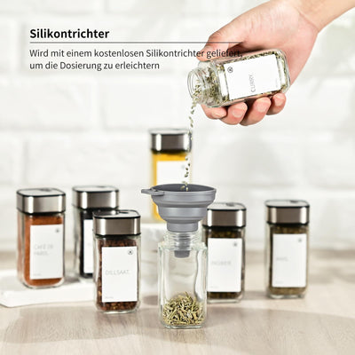 Miorkly 12 Gewürzgläser Eckig,120ML Gewürzdosen Set mit Streueinsatz,Gewürzstreuer mit Drehdeckel-Starke Versiegelung,Edelstahl-Glas Gewürz Organizer inklusive Trichter, Etikett und Stift