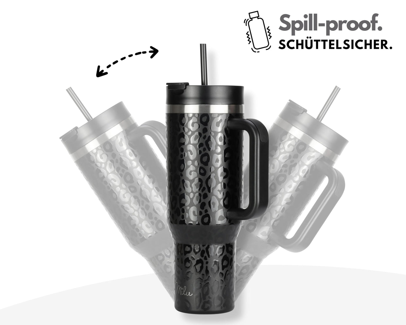 Milu Thermobecher 1,2L mit Strohhalm und Henkel 48h Eis/24h kalt/12h heiß Edelstahl Tumbler 40oz mit Griff - Isolierbecher to go Isolierflasche Trinkflasche doppelwandig isoliert (Black Leopard, 1,2L)