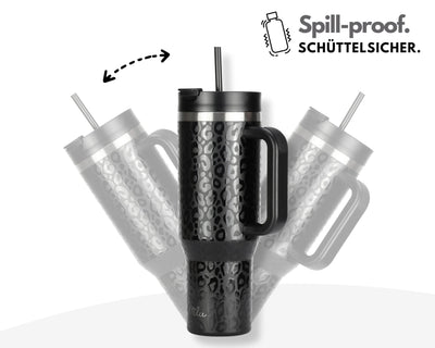 Milu Thermobecher 1,2L mit Strohhalm und Henkel 48h Eis/24h kalt/12h heiß Edelstahl Tumbler 40oz mit Griff - Isolierbecher to go Isolierflasche Trinkflasche doppelwandig isoliert (Black Leopard, 1,2L)