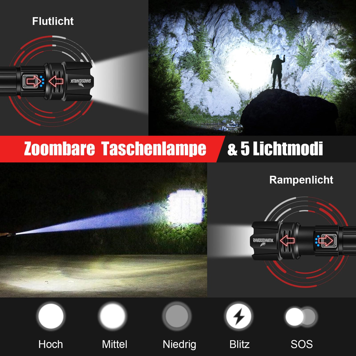 Shadowhawk Taschenlampe Led 500000 Lumen, Extrem Hell Taschenlampe USB Aufladbar Taktische Taschenlampen Mit holster XHP70.2, IP67 Wasserdicht 5 Lichtmodi für Camping Wandern Notfälle