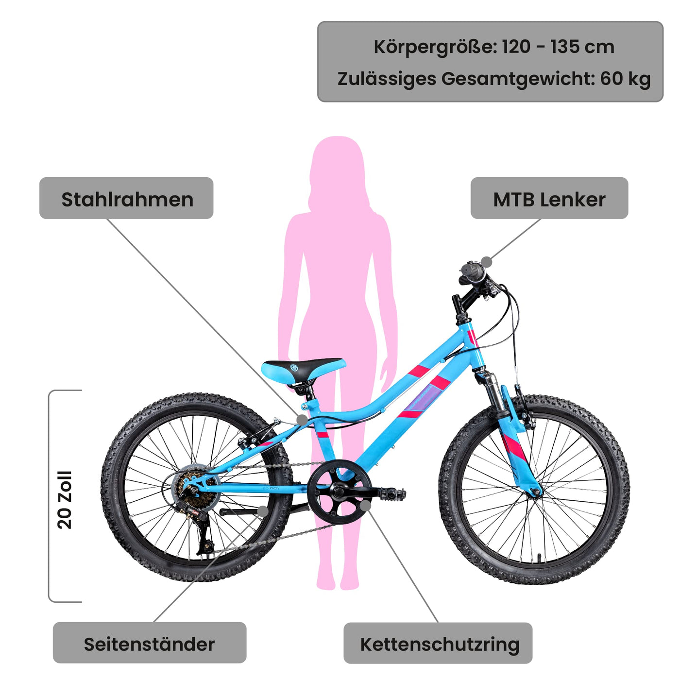 Galano GA20 Kinder Fahrrad ab 120-135cm oder 6 Jahre 7 Gang Mountainbike 20 Zoll für Mädchen oder Jungen Kinderfahrrad Hardtail MTB vorne gefedert, leicht (blau, 26 cm)